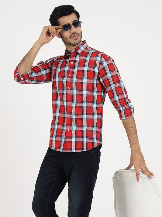 Red Checked Slim Fit Casual Shirt | Greenfibre