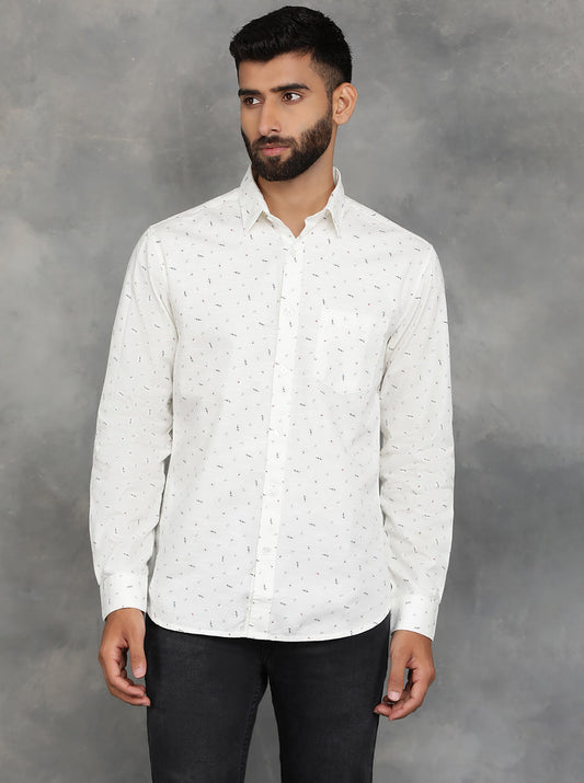 Off White Printed Slim Fit Casual Shirt | GreenFibre