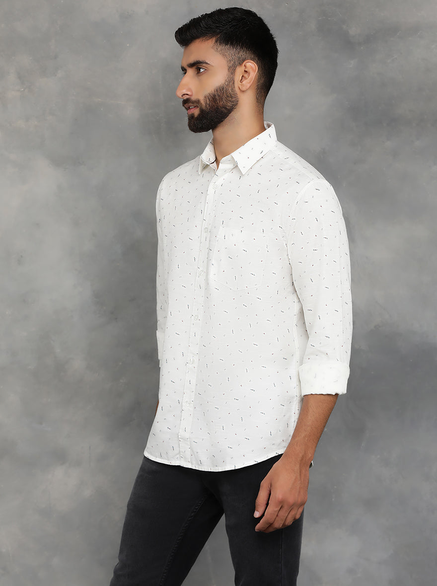 Off White Printed Slim Fit Casual Shirt | GreenFibre