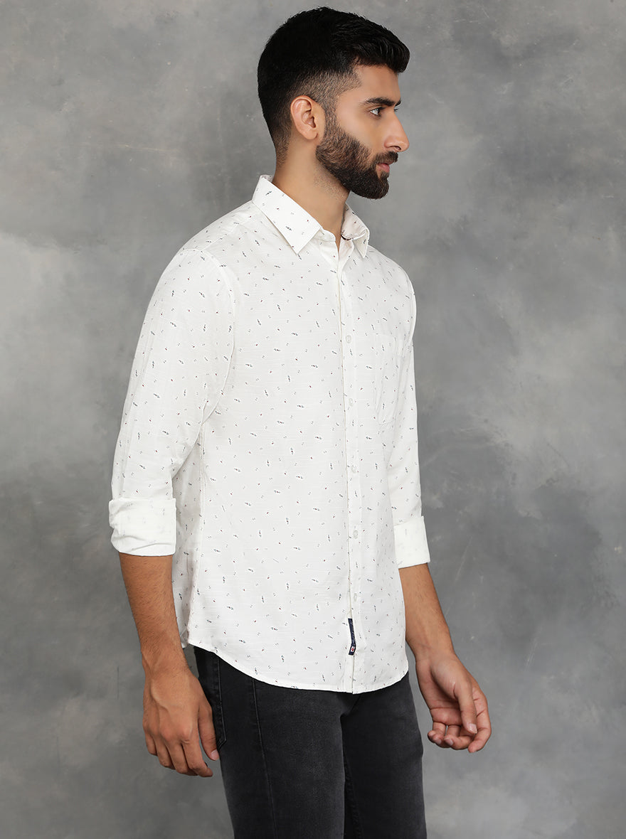 Off White Printed Slim Fit Casual Shirt | GreenFibre