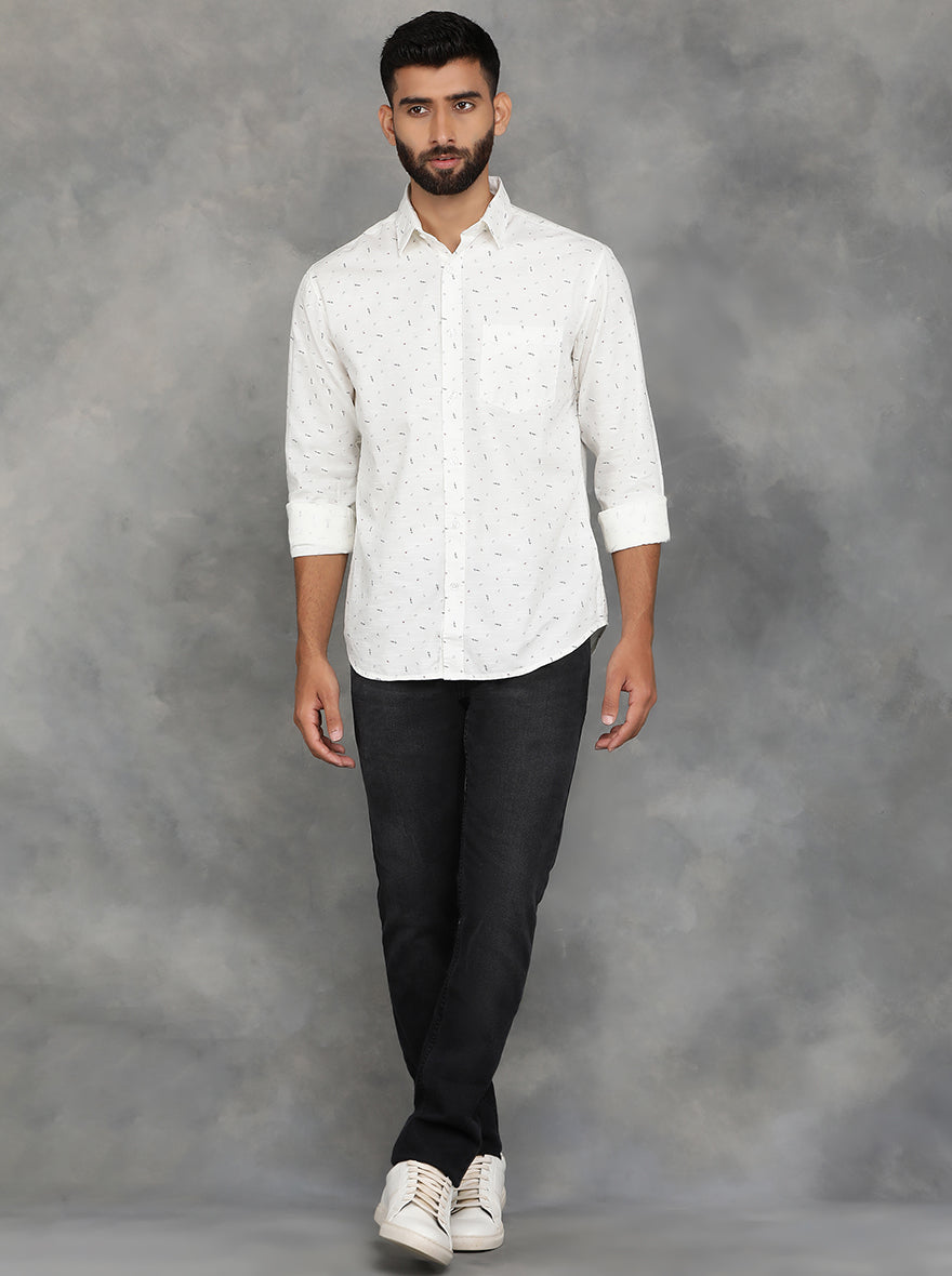 Off White Printed Slim Fit Casual Shirt | GreenFibre