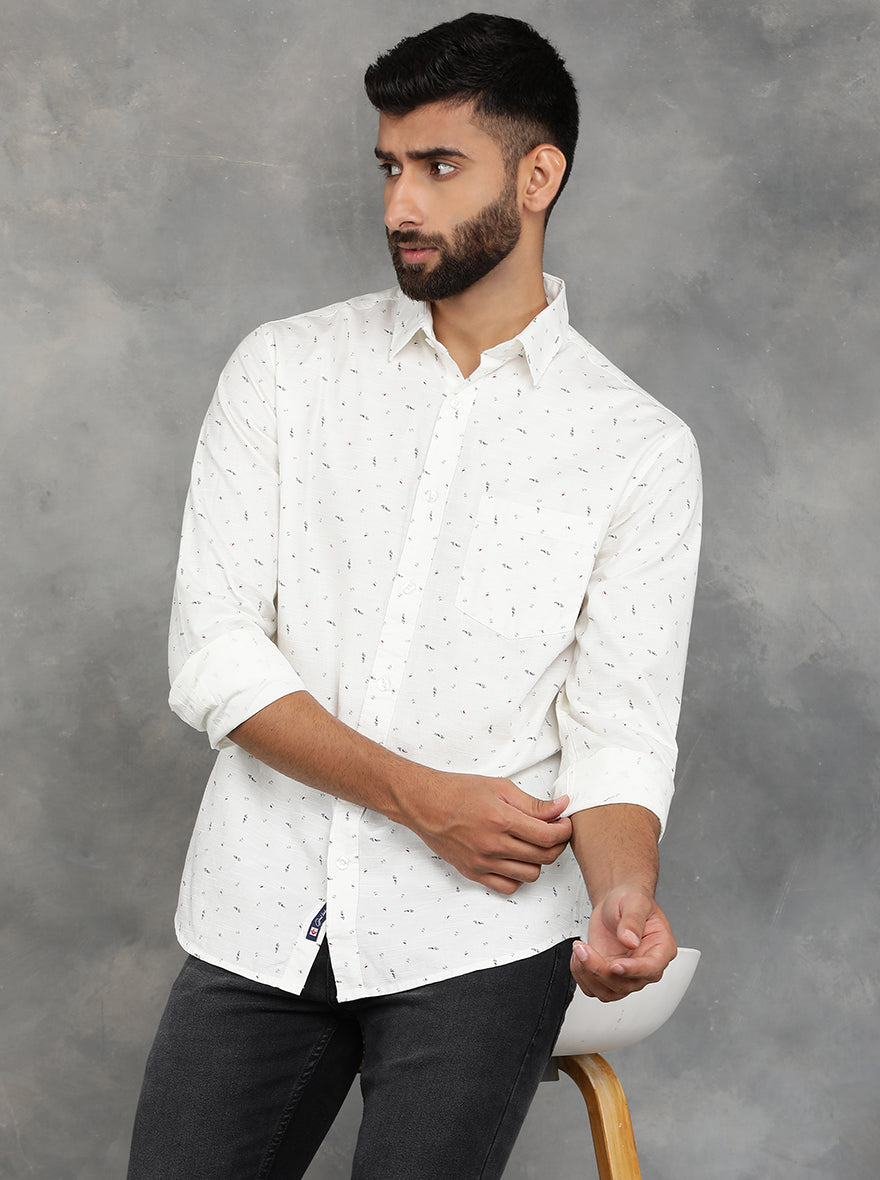 Off White Printed Slim Fit Casual Shirt | GreenFibre