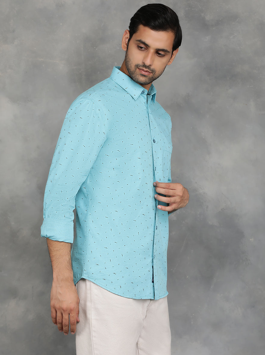 Light Blue Printed Slim Fit Casual Shirt | GreenFibre