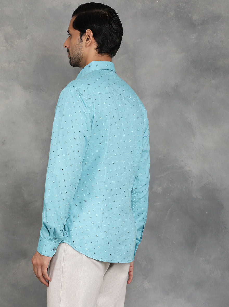 Light Blue Printed Slim Fit Casual Shirt | GreenFibre