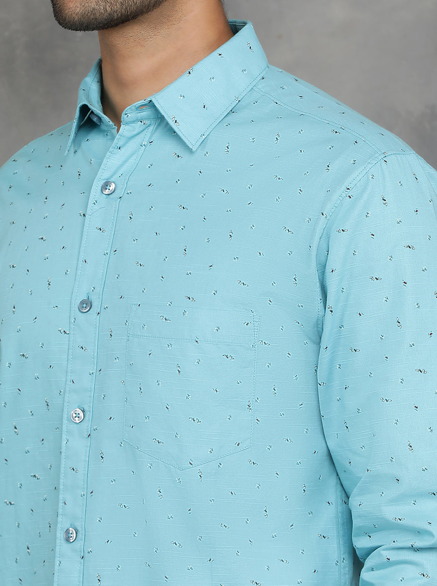 Light Blue Printed Slim Fit Casual Shirt | GreenFibre