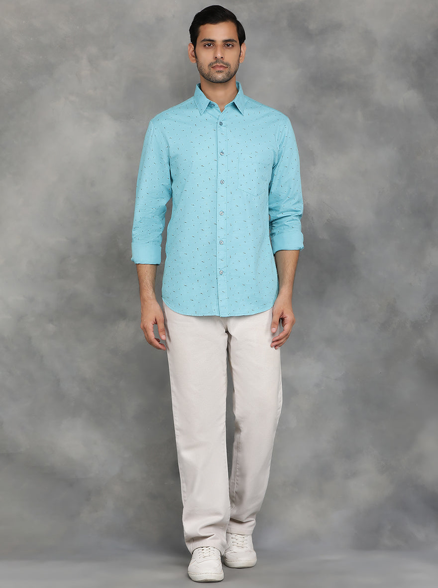 Light Blue Printed Slim Fit Casual Shirt | GreenFibre