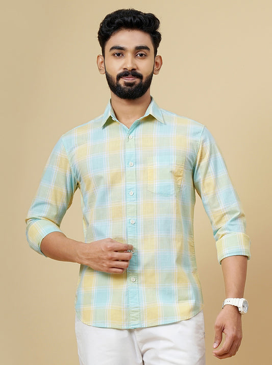 Yellow Checked Slim Fit Casual Shirt | Greenfibre