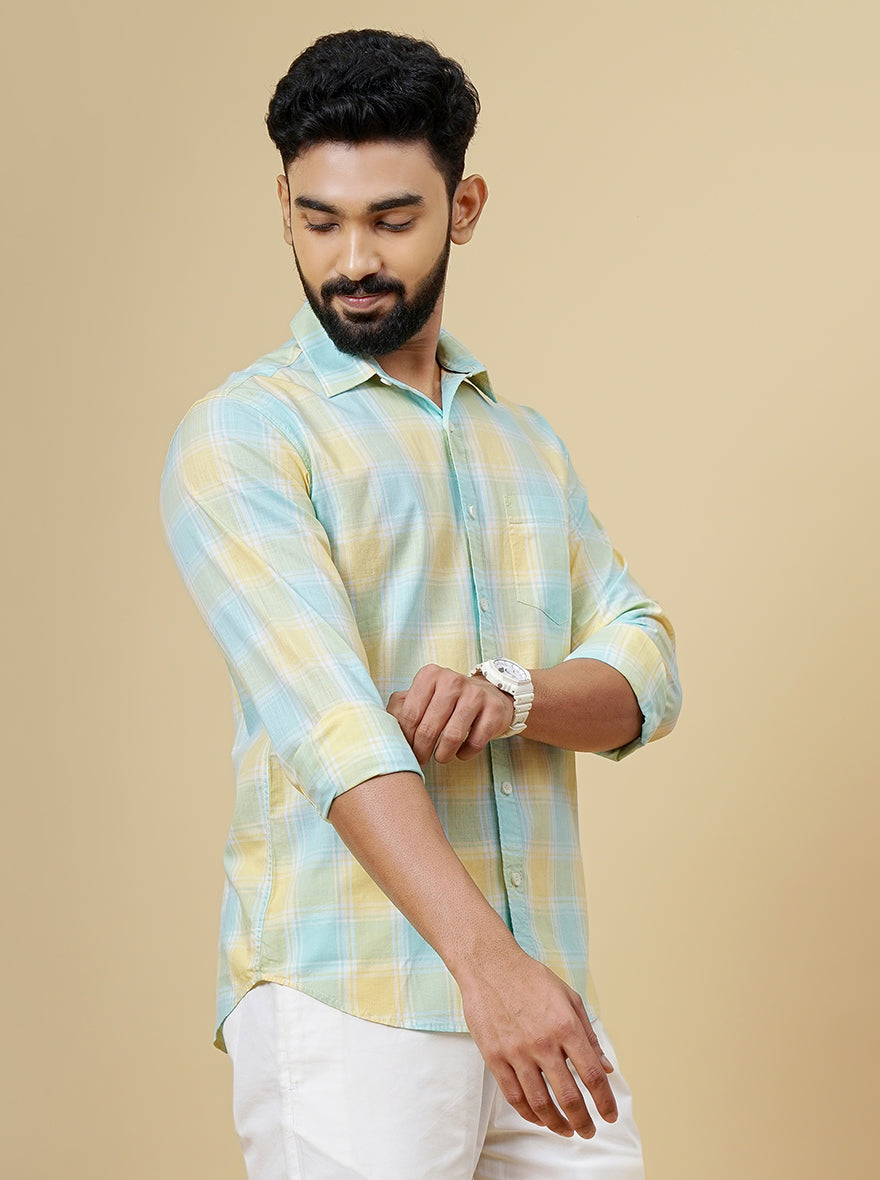 Yellow Checked Slim Fit Casual Shirt | Greenfibre