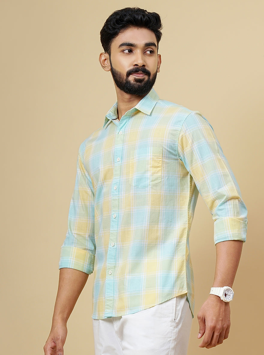Yellow Checked Slim Fit Casual Shirt | Greenfibre