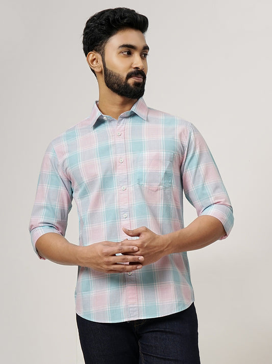 Pink Checked Slim Fit Casual Shirt | Greenfibre
