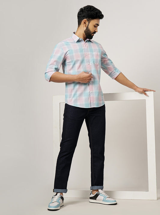 Pink Checked Slim Fit Casual Shirt | Greenfibre