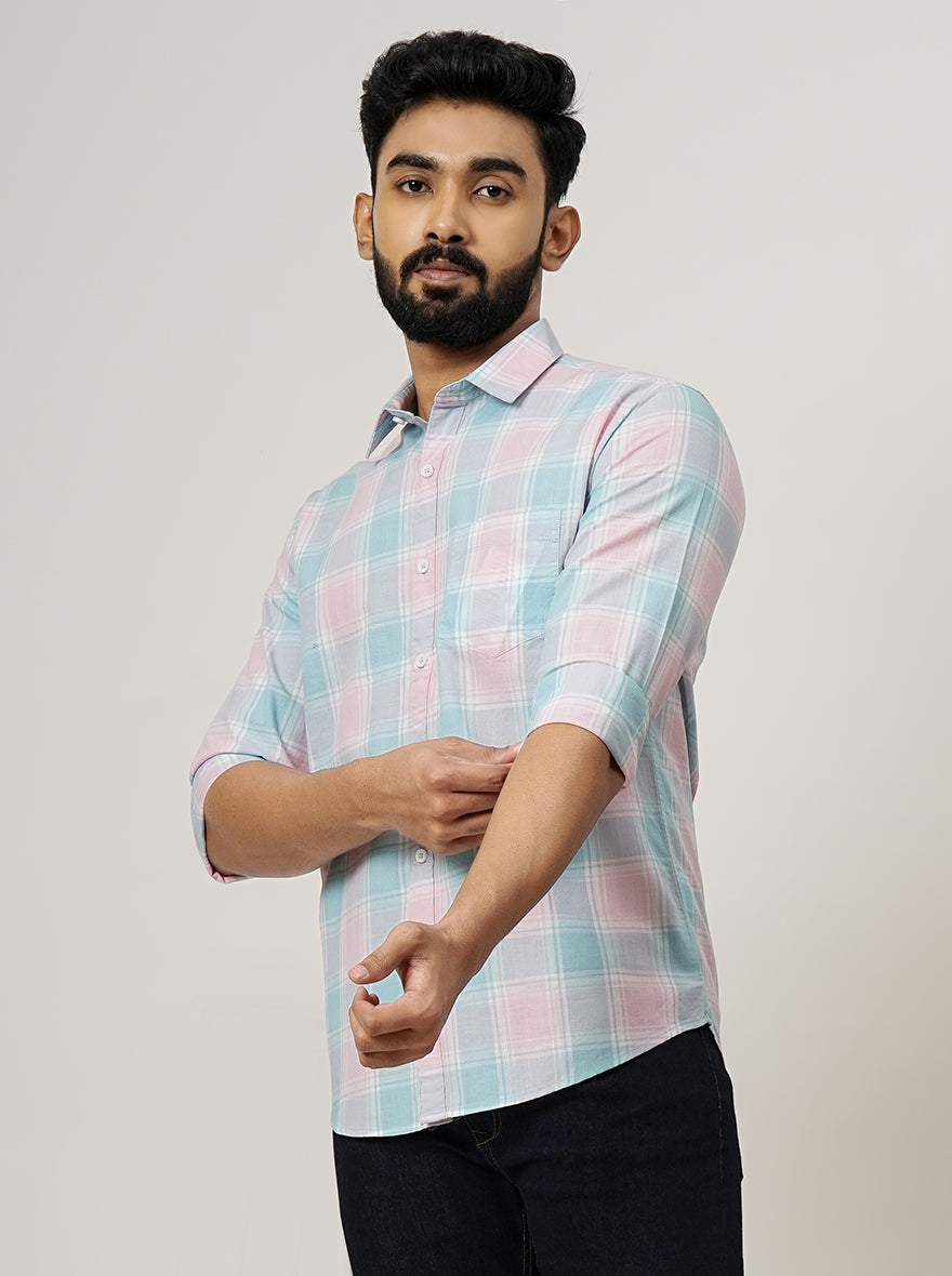 Pink Checked Slim Fit Casual Shirt | Greenfibre