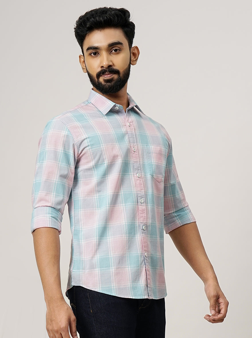 Pink Checked Slim Fit Casual Shirt | Greenfibre