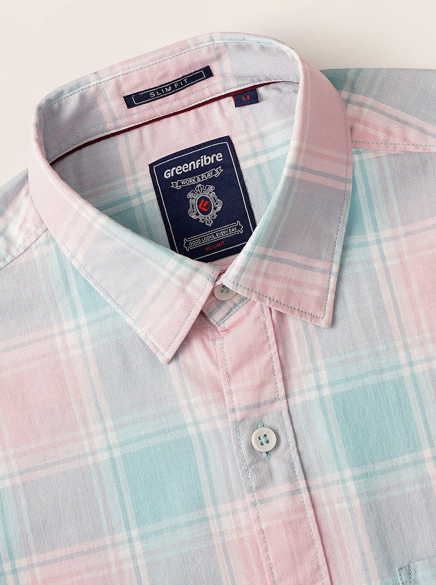 Pink Checked Slim Fit Casual Shirt | Greenfibre