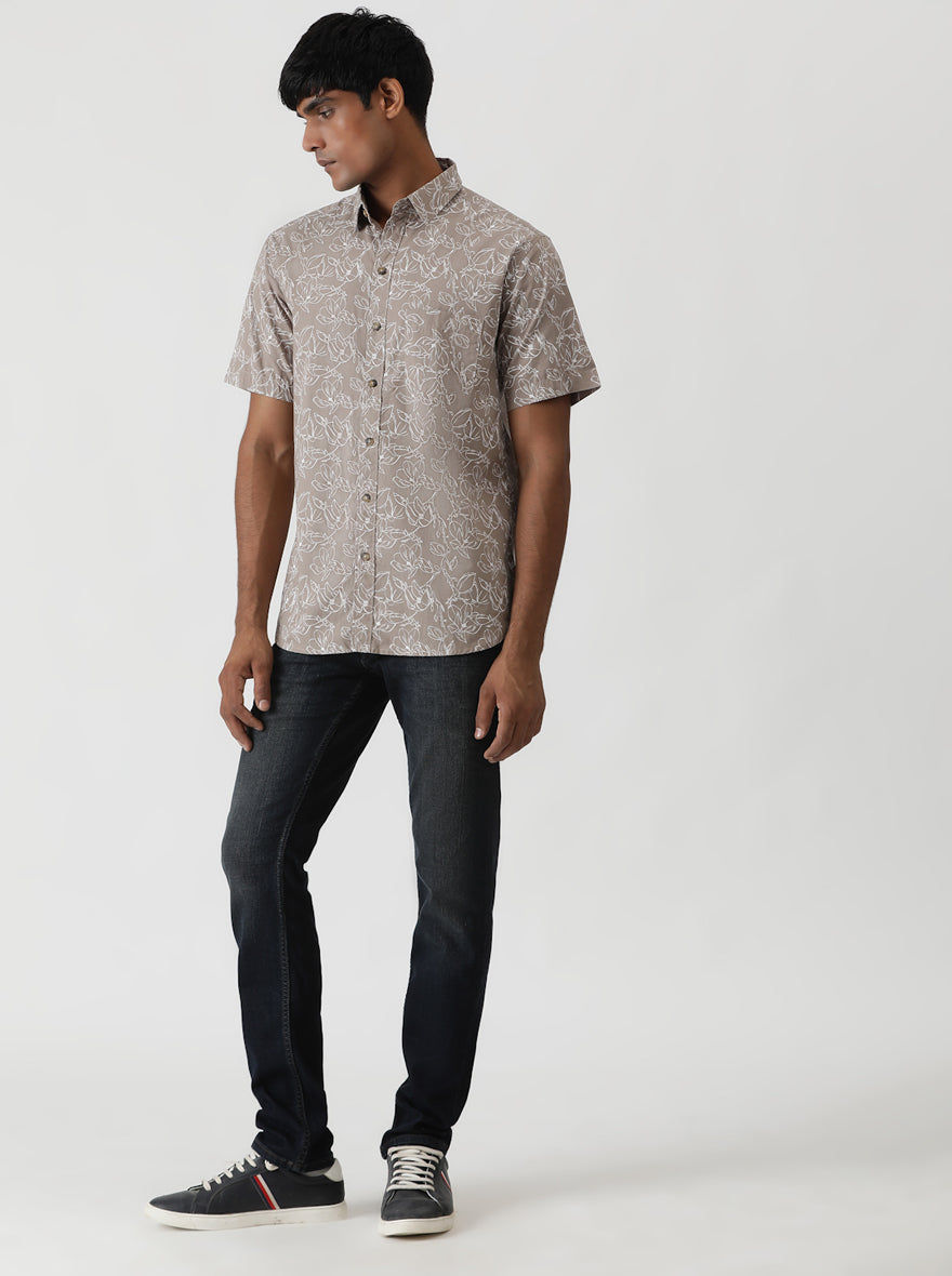 Brown Printed Slim Fit Casual Shirt | Greenfibre