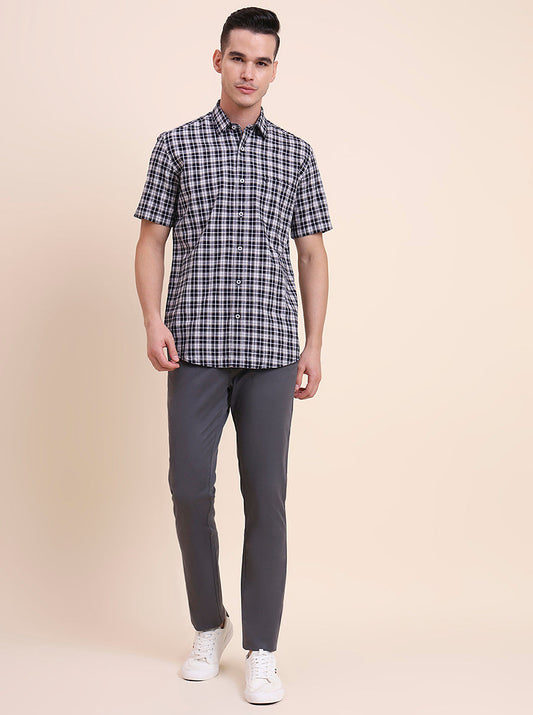 Navy Blue Checked Smart Fit Semi Casual Shirt | Greenfibre