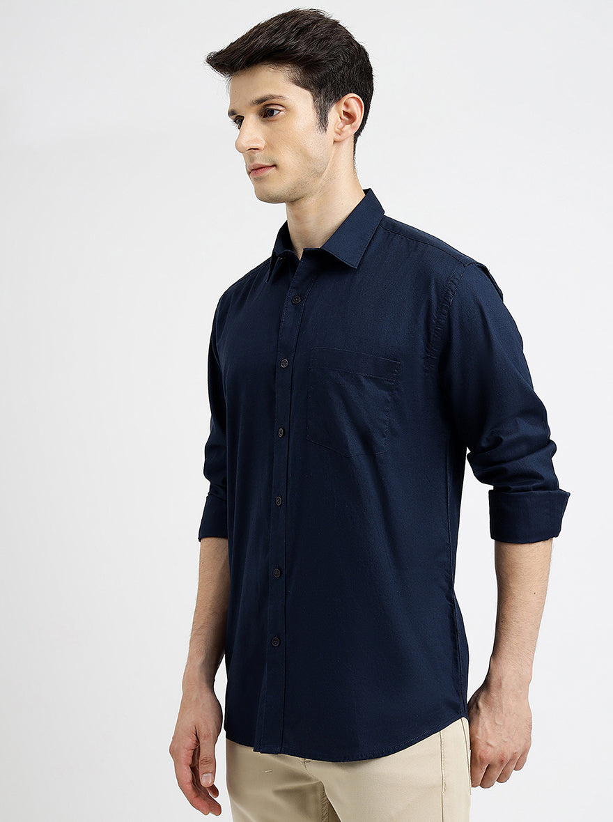 Navy Blue Solid Smart Fit Semi Casual Shirt | Greenfibre