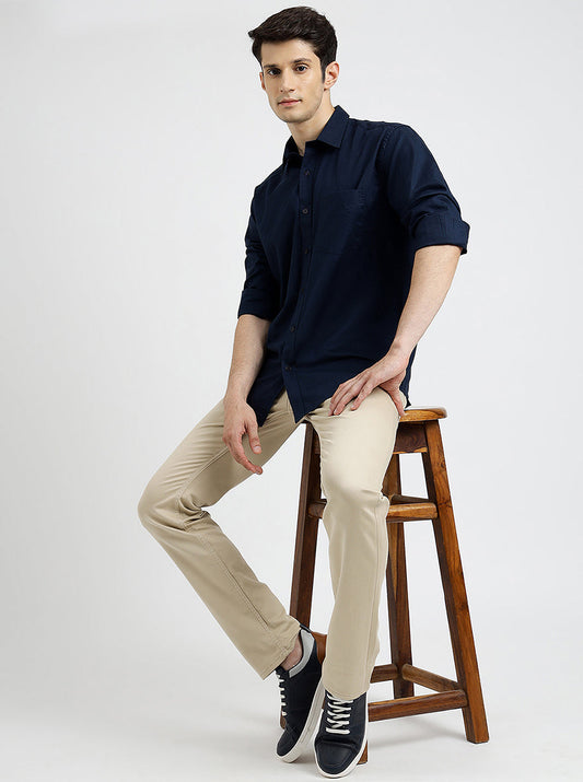 Navy Blue Solid Smart Fit Semi Casual Shirt | Greenfibre