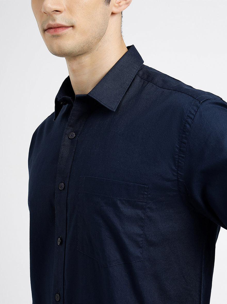 Navy Blue Solid Smart Fit Semi Casual Shirt | Greenfibre