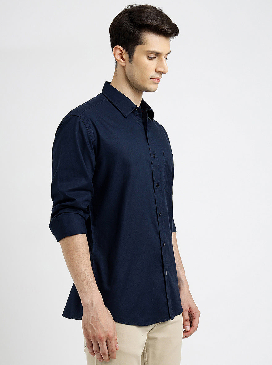 Navy Blue Solid Smart Fit Semi Casual Shirt | Greenfibre