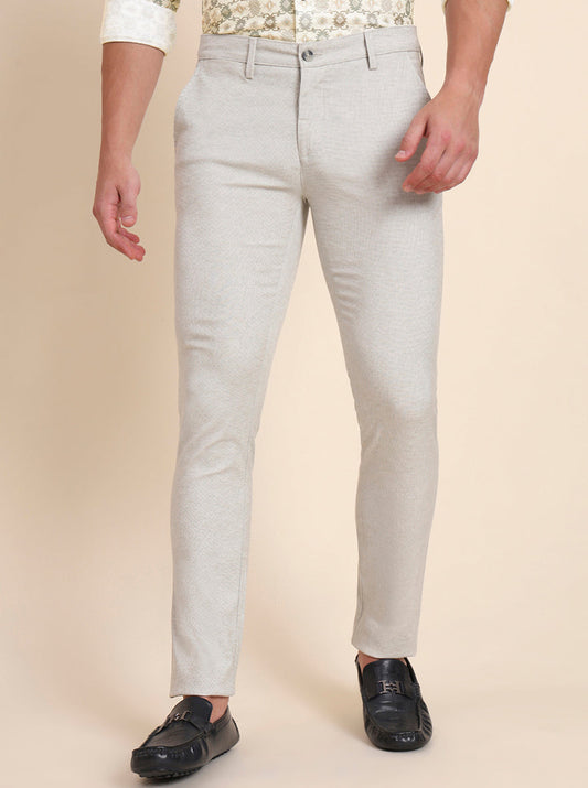Beige Printed Super Slim Fit Casual Trouser | Greenfibre
