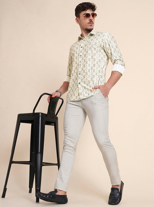 Beige Printed Super Slim Fit Casual Trouser | Greenfibre