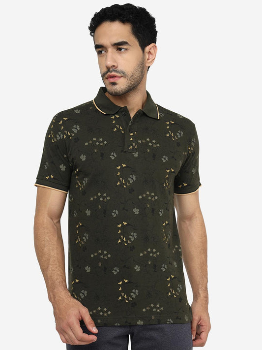 Olive Green Printed Slim Fit Polo T-Shirt | Greenfibre