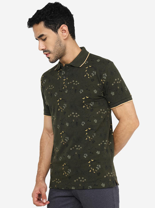 Olive Green Printed Slim Fit Polo T-Shirt | Greenfibre