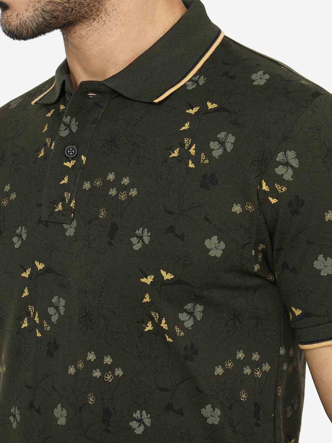 Olive Green Printed Slim Fit Polo T-Shirt | Greenfibre