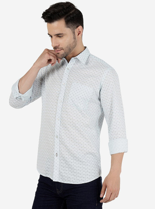 Light Aqua Printed Smart Fit Semi Casual Shirt | Greenfibre