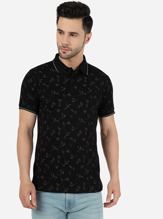Black Printed Slim Fit Polo T-Shirt | Greenfibre