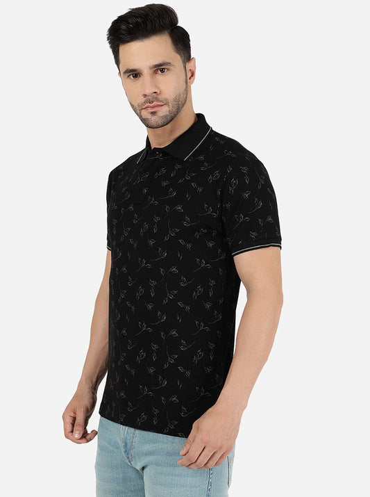 Black Printed Slim Fit Polo T-Shirt | Greenfibre