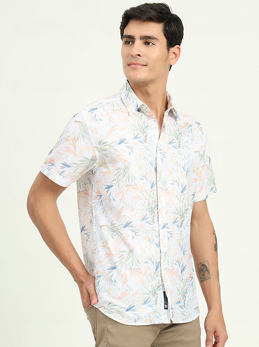 White & Orange Printed Slim Fit Casual Shirt | Greenfibre