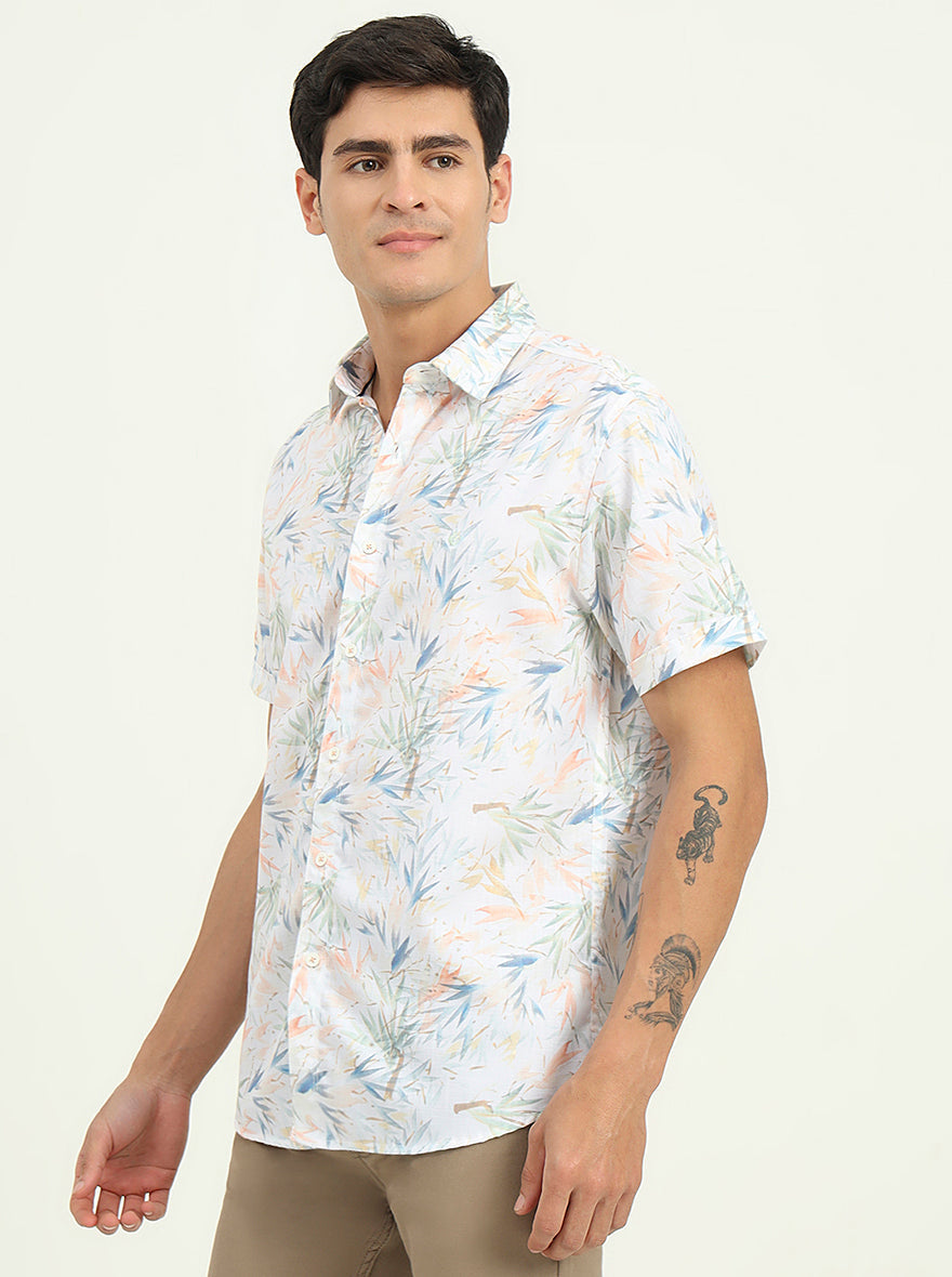 White & Orange Printed Slim Fit Casual Shirt | Greenfibre