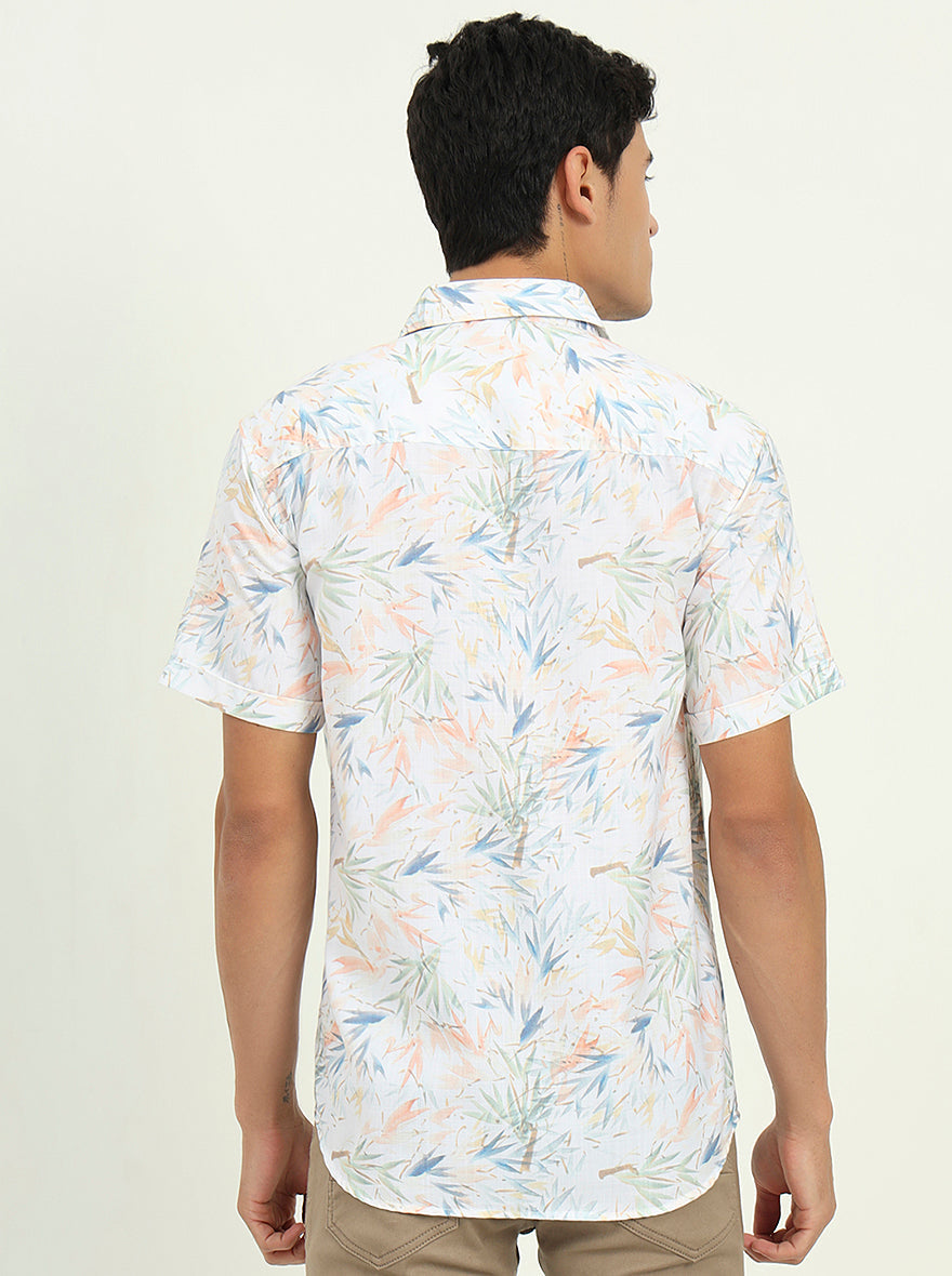 White & Orange Printed Slim Fit Casual Shirt | Greenfibre