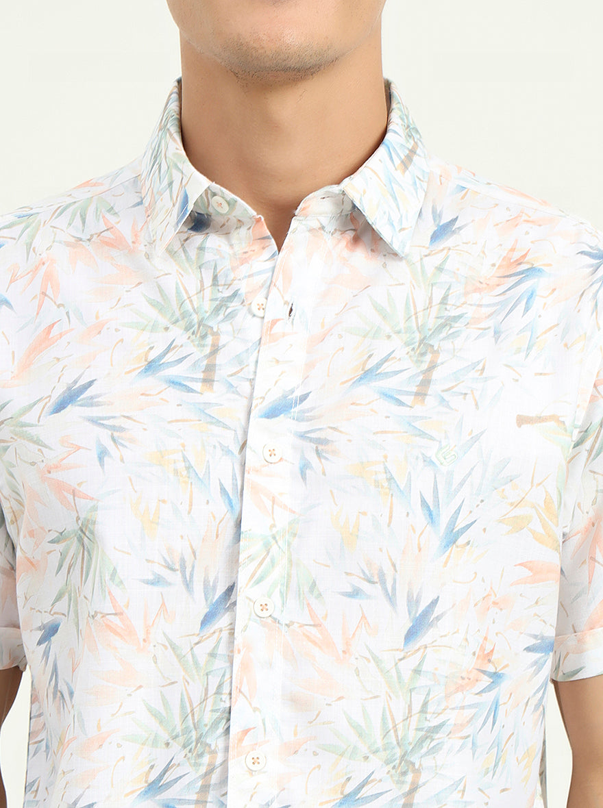 White & Orange Printed Slim Fit Casual Shirt | Greenfibre