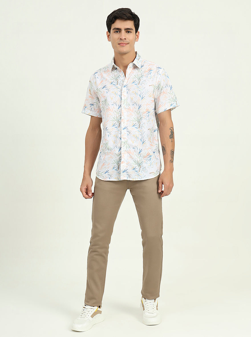 White & Orange Printed Slim Fit Casual Shirt | Greenfibre