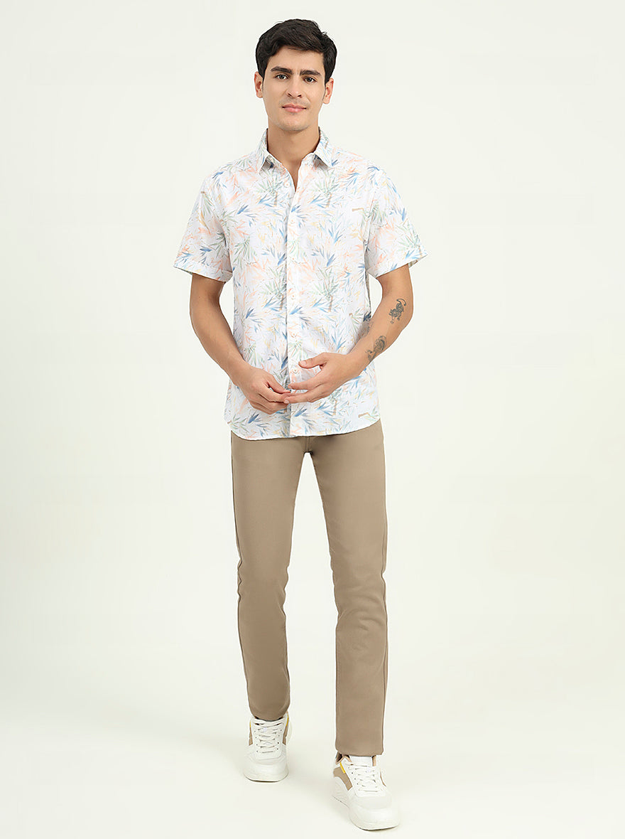 White & Orange Printed Slim Fit Casual Shirt | Greenfibre