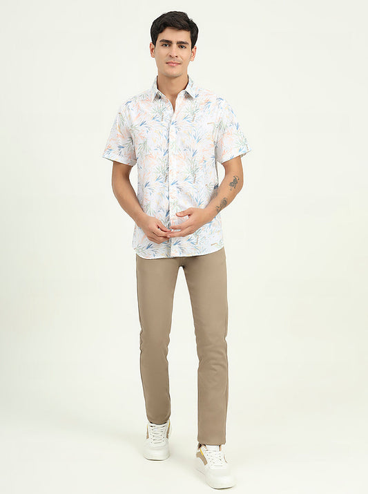 White & Orange Printed Slim Fit Casual Shirt | Greenfibre