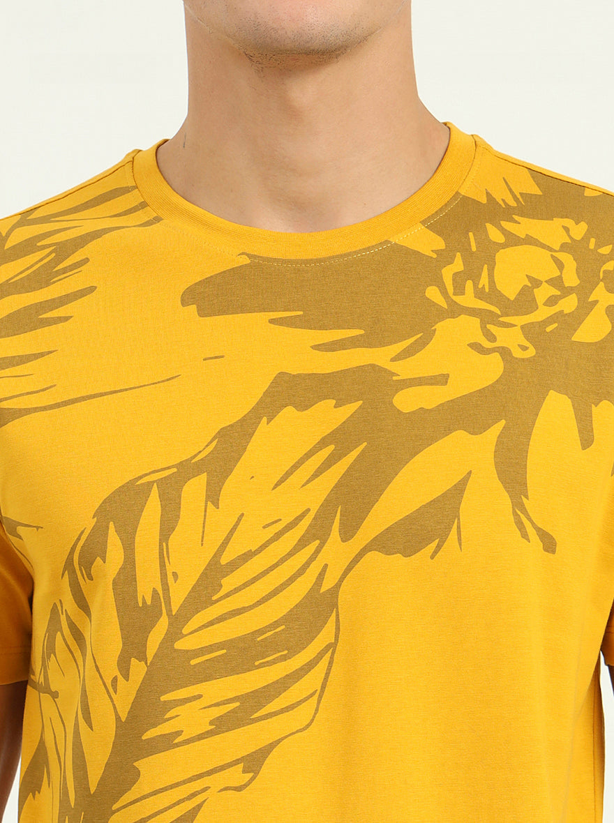 Golden Yellow Printed Slim Fit T-Shirt | Greenfibre