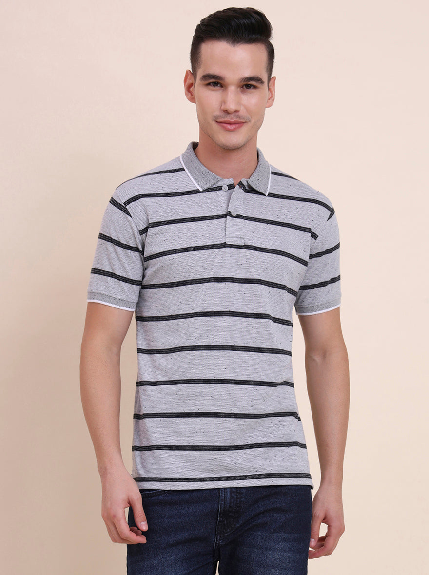 Grey & Black Striped Slim Fit Polo T-Shirt | Greenfibre