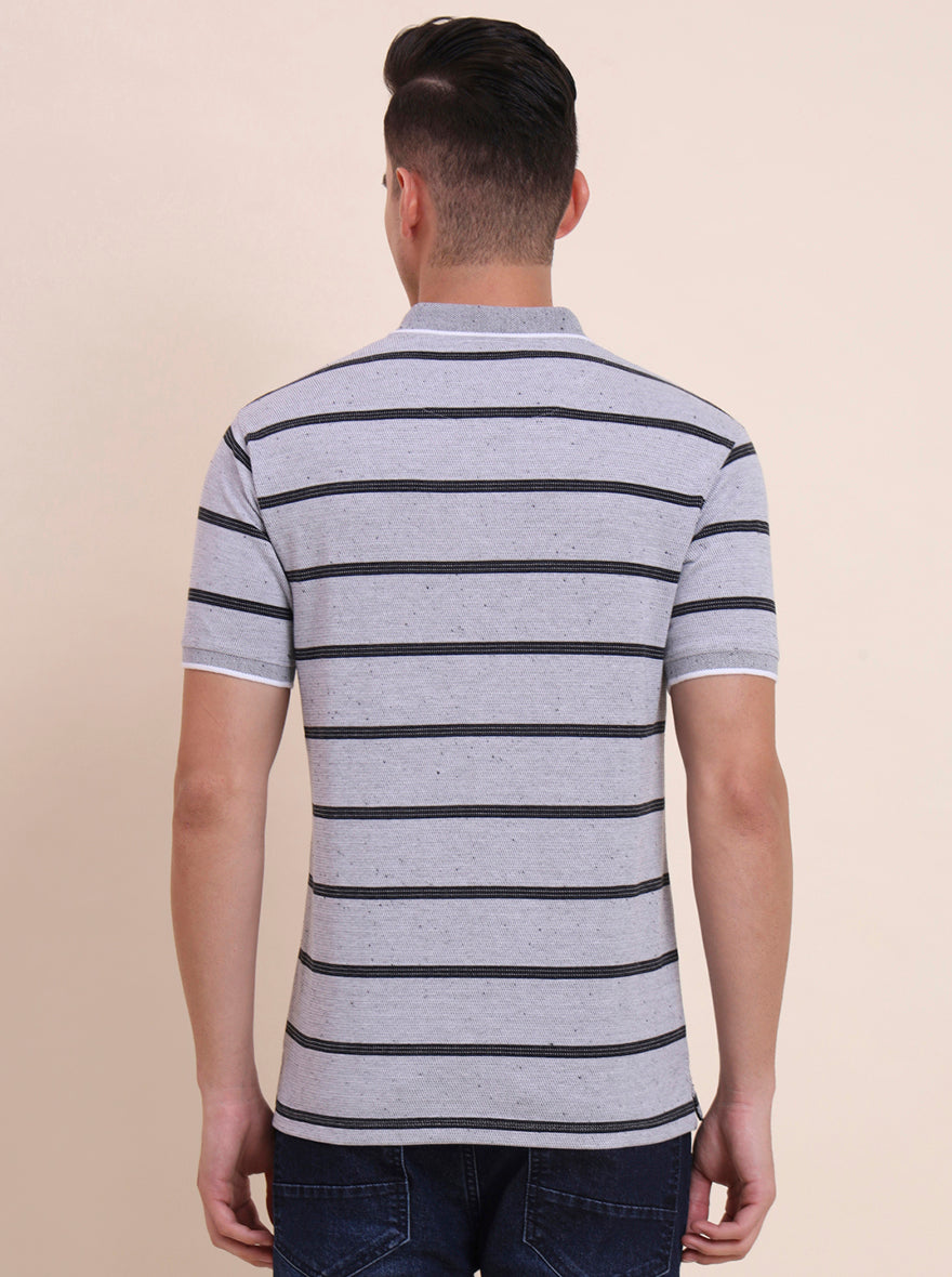 Grey & Black Striped Slim Fit Polo T-Shirt | Greenfibre