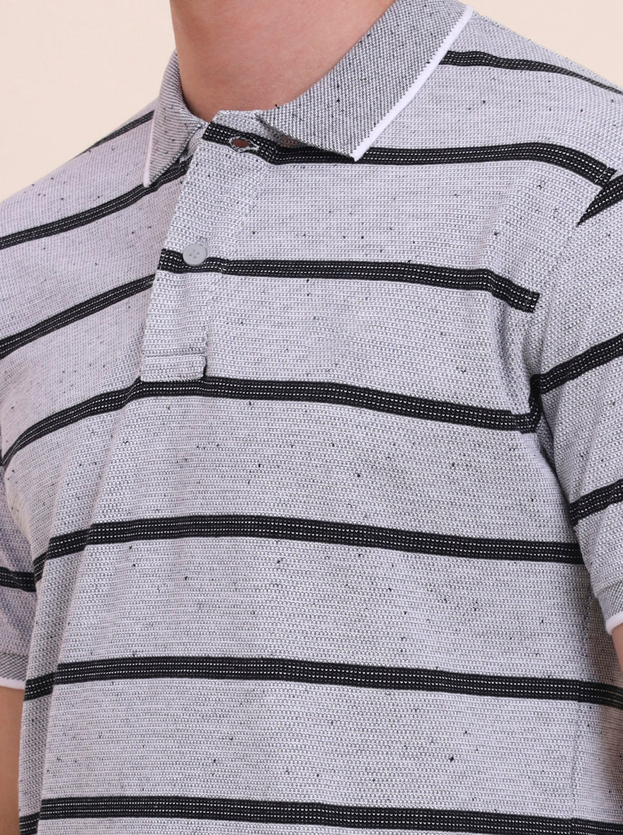 Grey & Black Striped Slim Fit Polo T-Shirt | Greenfibre