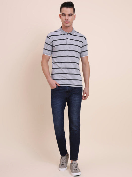 Grey & Black Striped Slim Fit Polo T-Shirt | Greenfibre