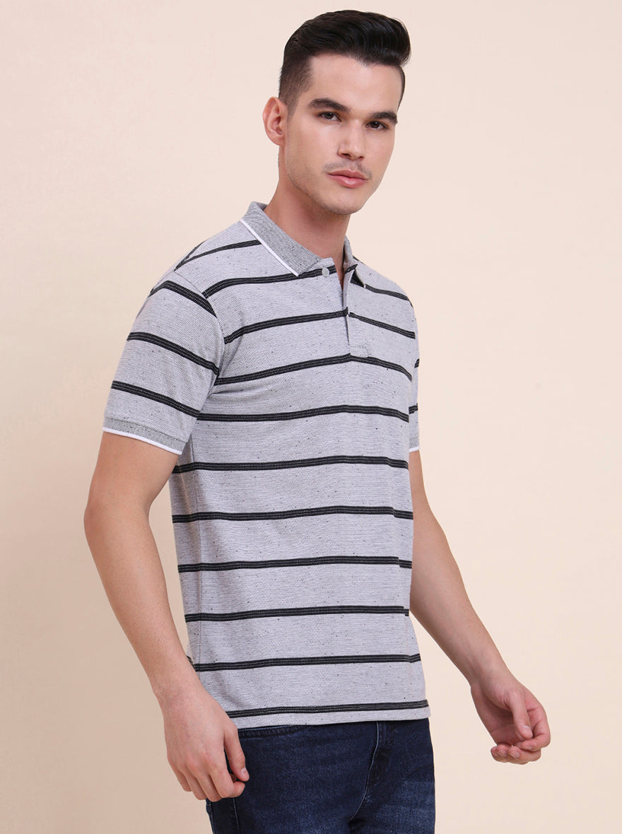 Grey & Black Striped Slim Fit Polo T-Shirt | Greenfibre