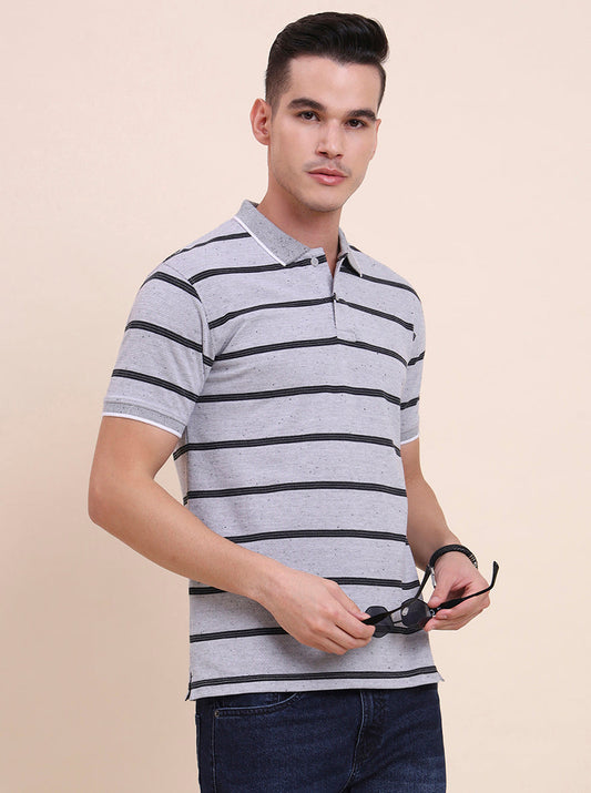 Grey & Black Striped Slim Fit Polo T-Shirt | Greenfibre