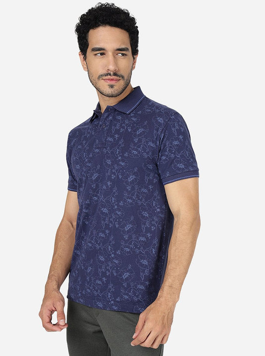 Estate Blue Printed Slim Fit Polo T-Shirt | Greenfibre