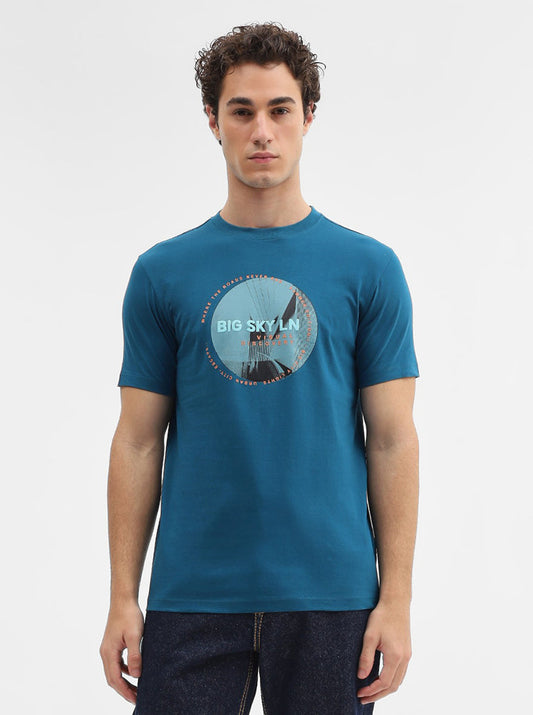 Dark Teal Printed Slim Fit T-Shirt | Greenfibre