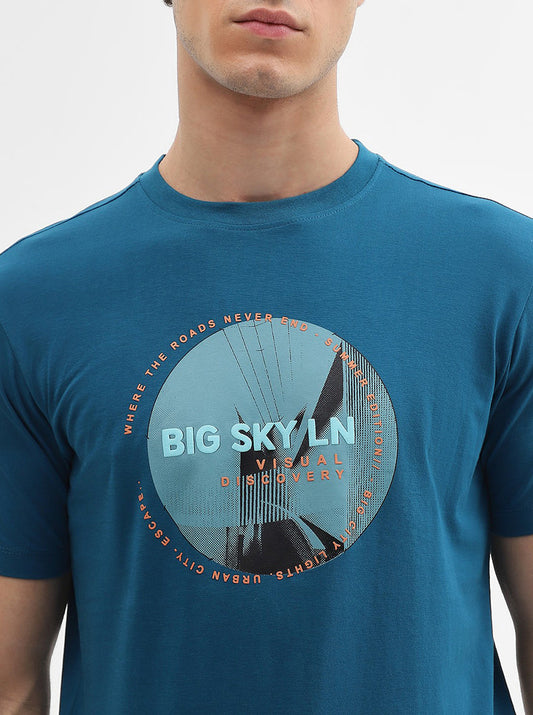 Dark Teal Printed Slim Fit T-Shirt | Greenfibre