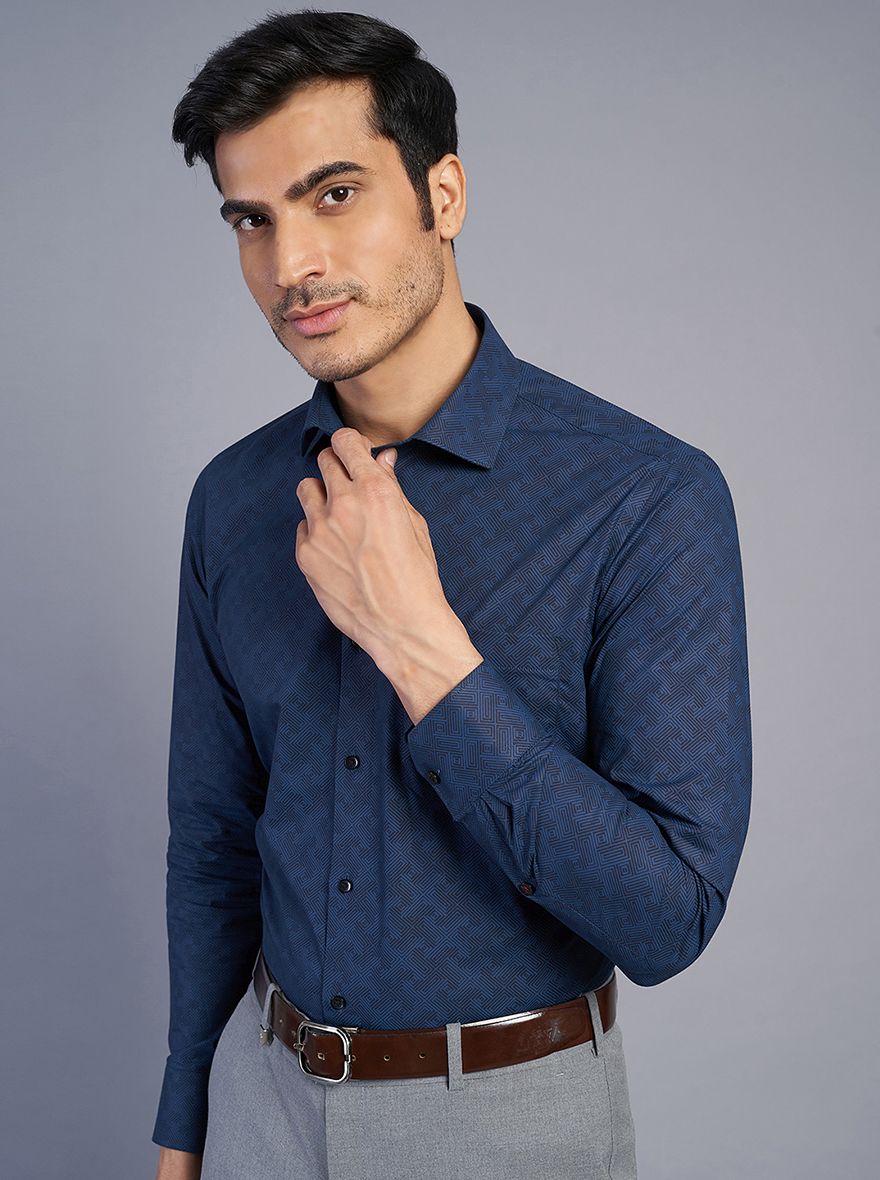 Navy Blue Printed Slim Fit Formal Shirt | Greenfibre